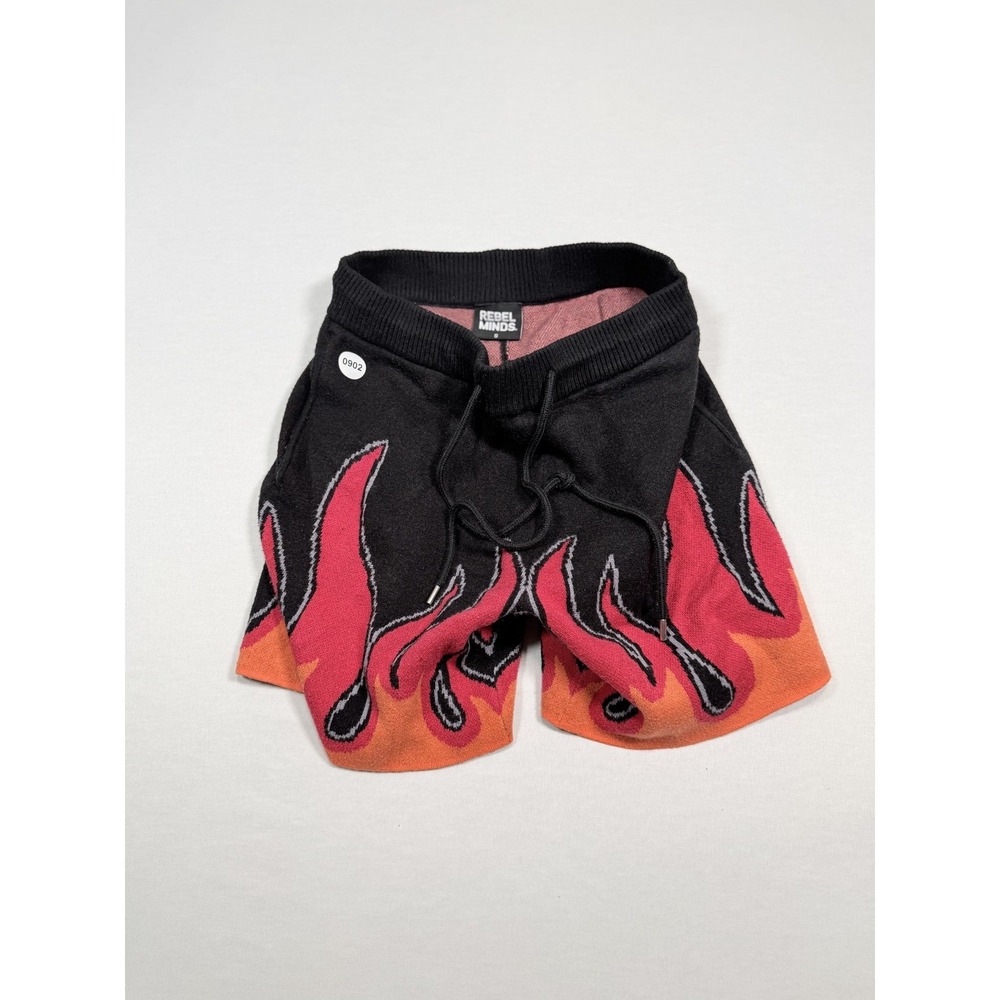 Rebel Minds Shorts Mens Small Black Knit Flame Graphic Sweat Drawstring Biker‎